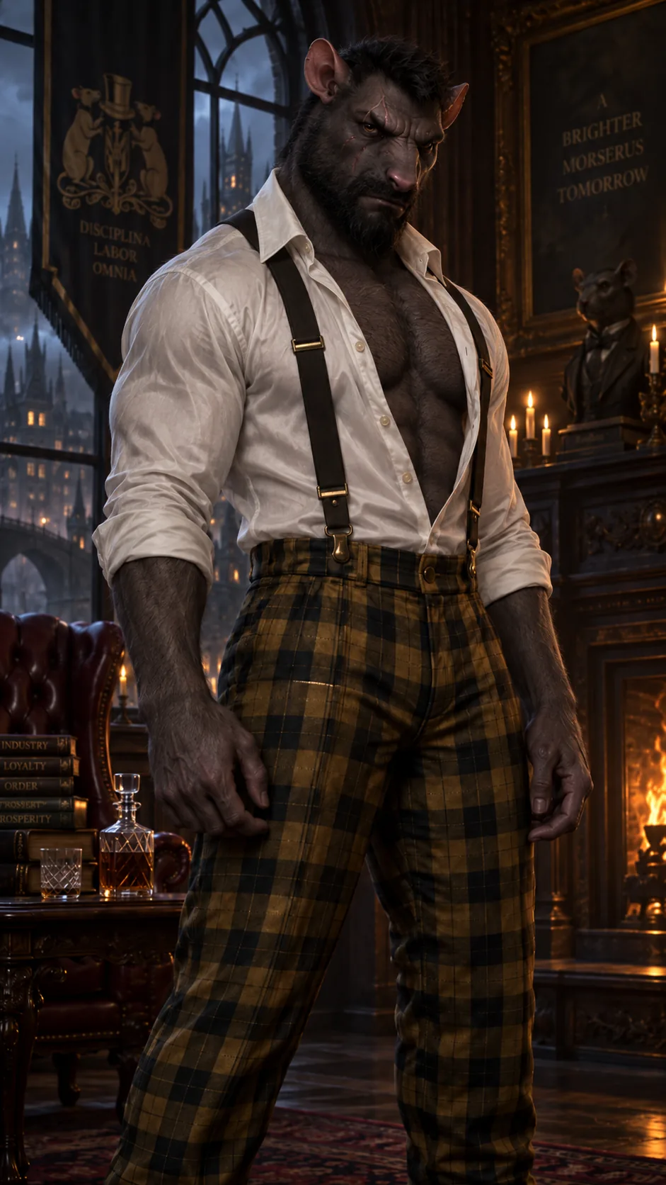 Um Rato de barba, camisa aberta e suspensórios, num gabinete diante de uma cidade de torres.
