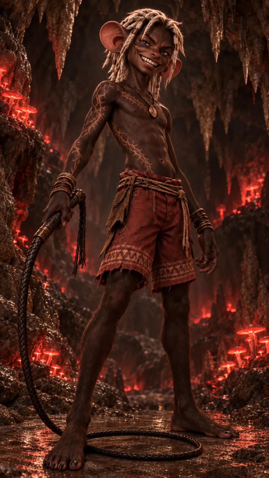 Um jovem Rato de dreads e pele pintada sorri numa caverna de cogumelos vermelhos, com um chicote na mão.